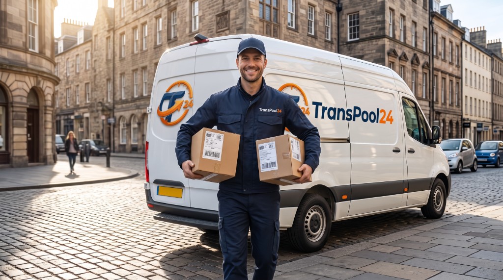 Fahrer von TransPool24 mit Paketen vor dem Zustellfahrzeug