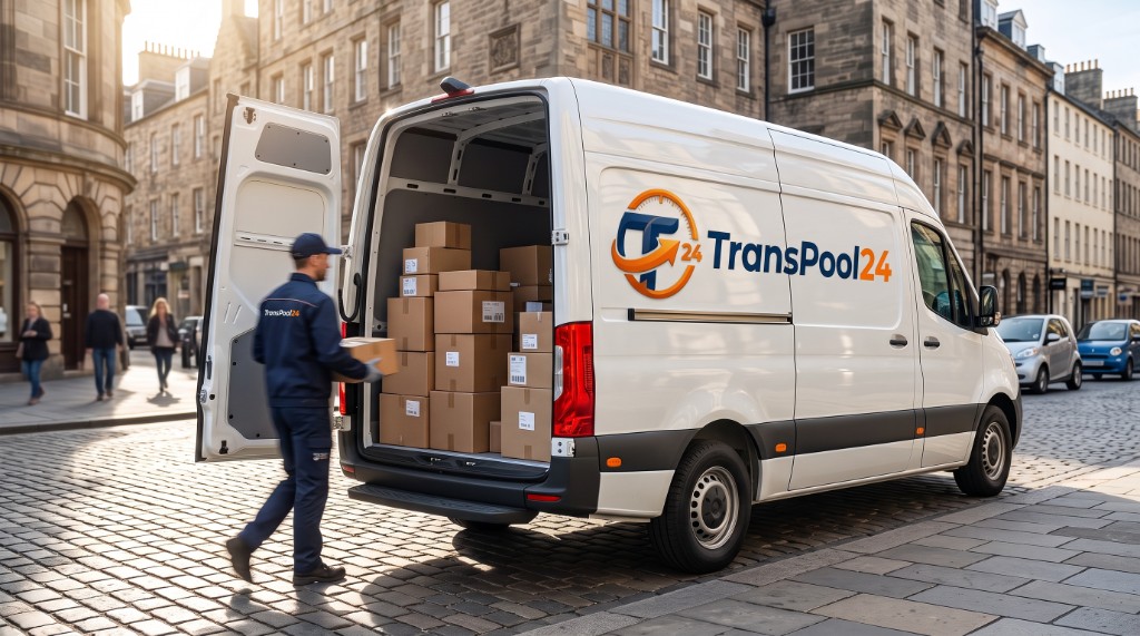 TransPool24 Fahrer belädt den Transporter mit Paketen